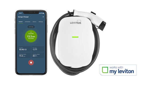 Cargador para vehículos eléctricos My Leviton con aplicación para teléfono