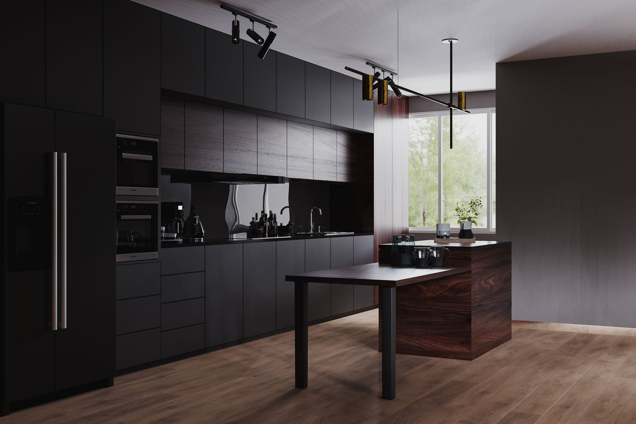 Moderno interior de cocina oscura y comedor con mobiliario y batería de cocina, fondo interior de cocina gris, madera negra y oscura, cocina de lujo, representación 3d